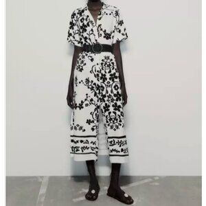 ZARA LINEN BLEND PRINTED SHIRT DRESS WHITE BLACK belt XS S L X 8032/462 NWT